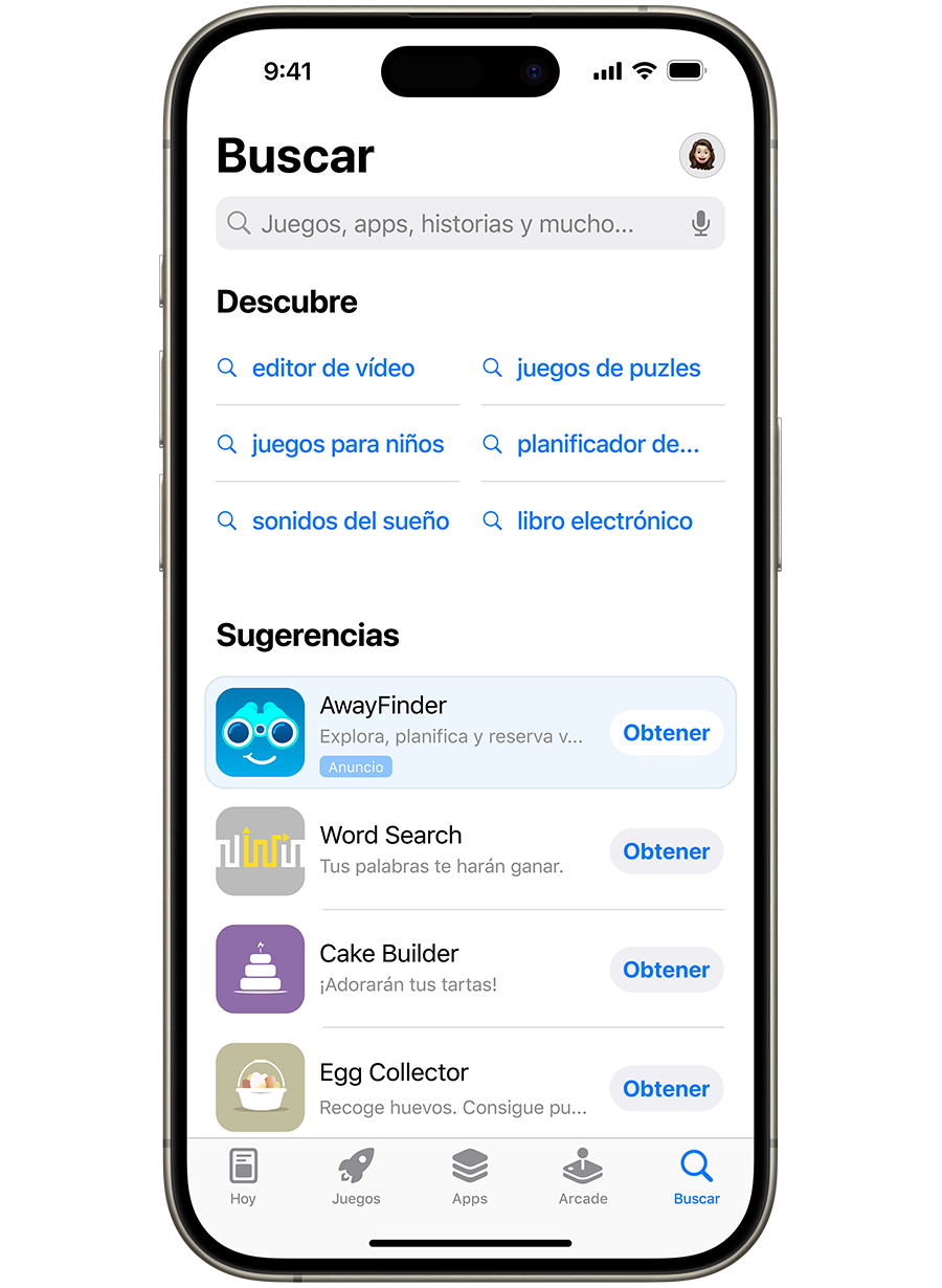Un iPhone con el App Store abierto. Un anuncio de la app de ejemplo AwayFinder que aparece en la pestaña Buscar en la parte superior de la lista de apps sugeridas.