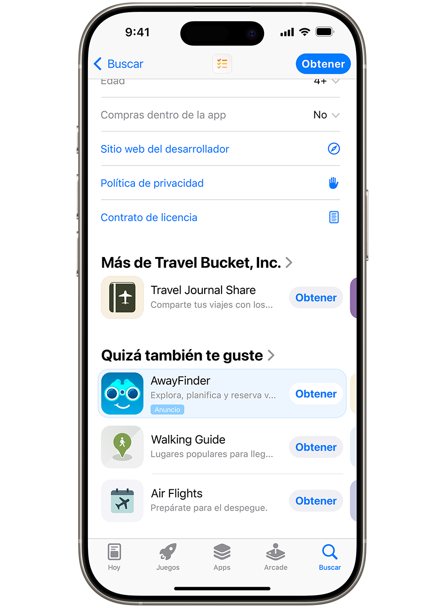 Un iPhone con el App Store abierto. Aparece un anuncio de la app de ejemplo AwayFinder en la parte inferior de una página de producto del App Store, donde los usuarios lo verían si se desplazaran hacia abajo en la página.