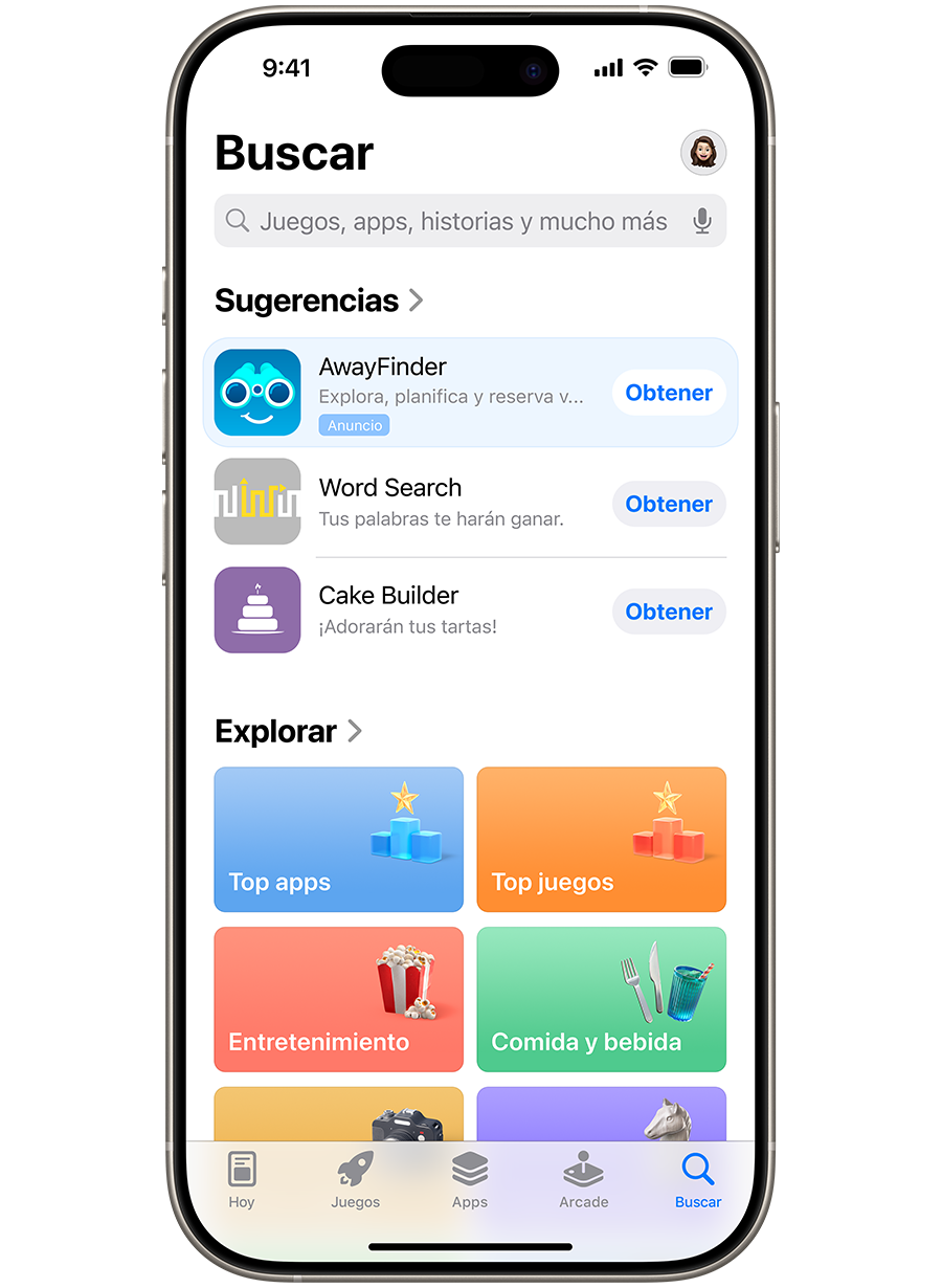 Un iPhone con el App Store abierto. Un anuncio de la app de ejemplo AwayFinder que aparece en la pestaña Buscar en la parte superior de la lista de apps sugeridas.