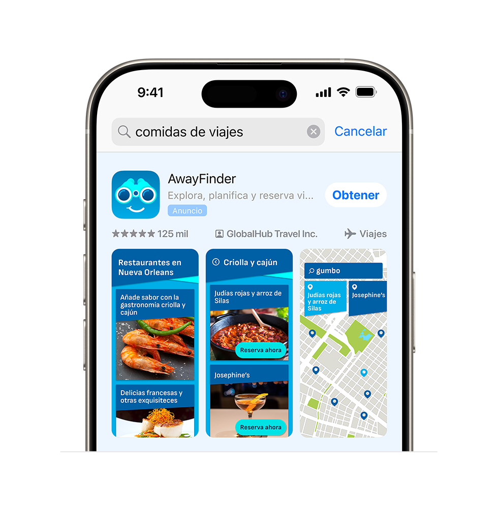 Variante de anuncio de la app de ejemplo AwayFinder, que muestra tres imágenes de la app relacionadas con opciones gastronómicas diseñadas para aparecer en la consulta de búsqueda «comidas en viajes».