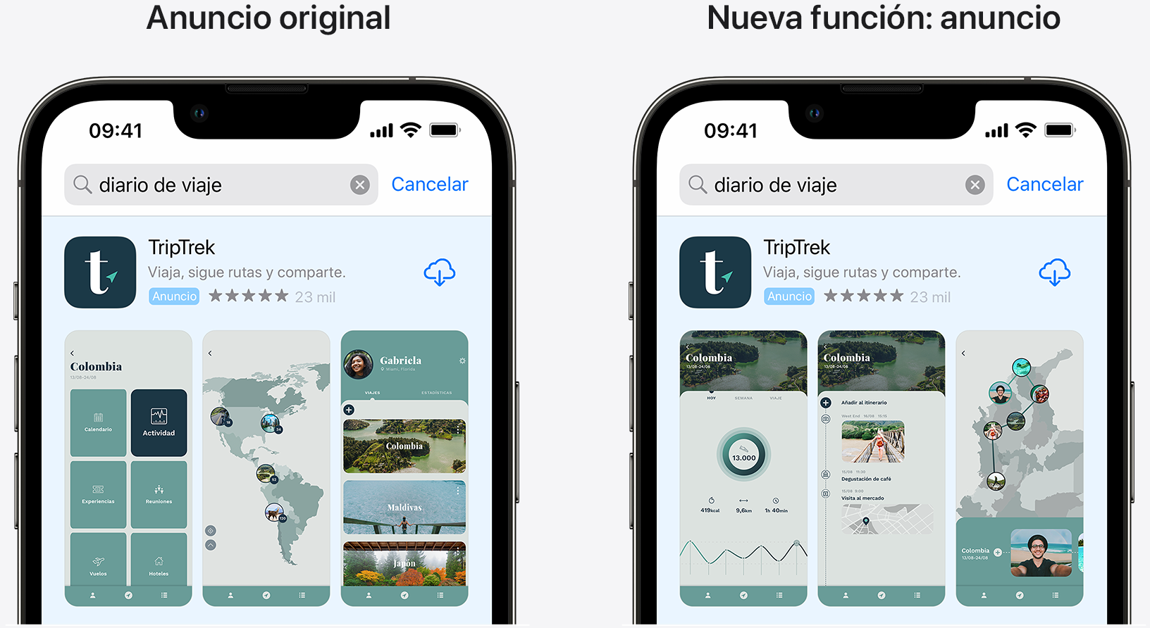 Comparación del anuncio original de la app de ejemplo TripTrek con otro en el que se destaca una prestación nueva de TripTrek.