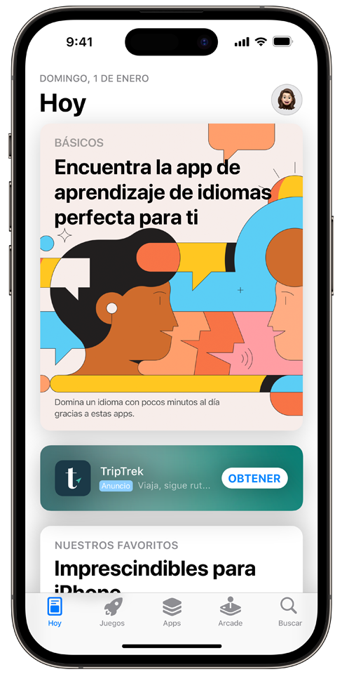 La pestaña Hoy con un anuncio de la app de ejemplo TripTrek en un lugar destacado de la página.