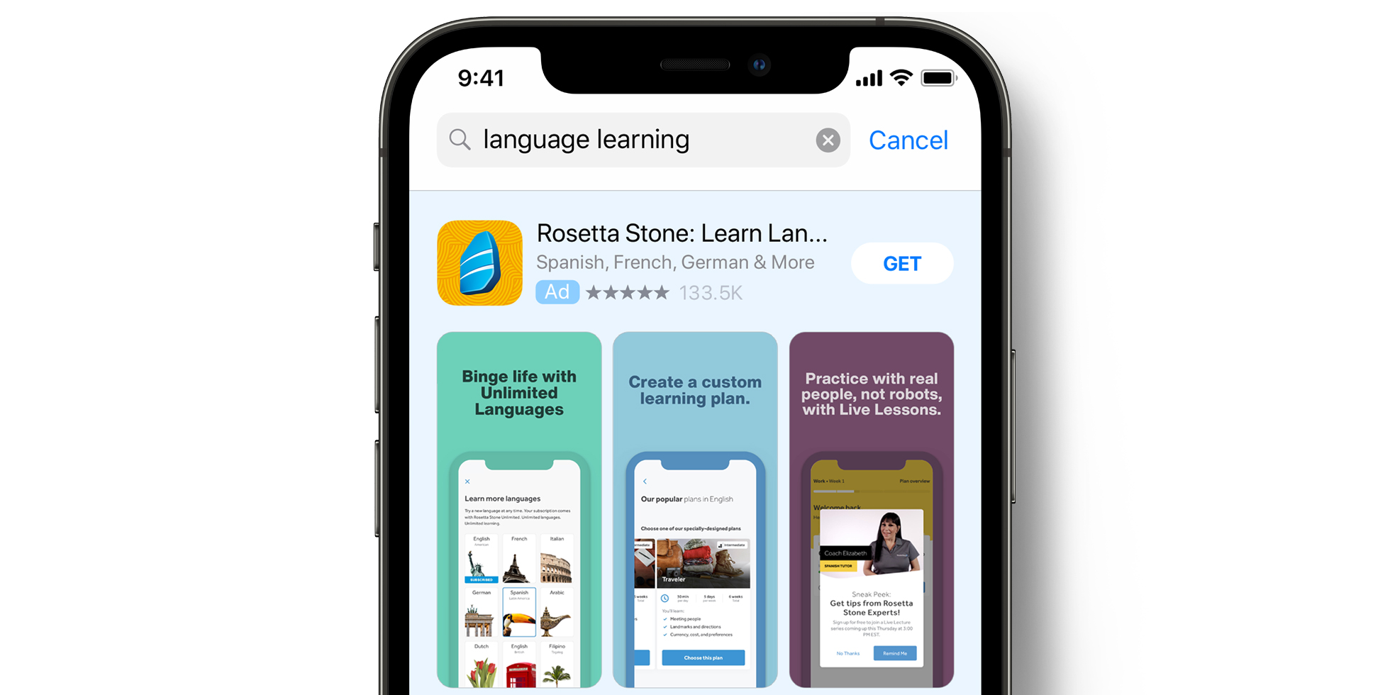 Anuncio de Rosetta Stone en el App Store