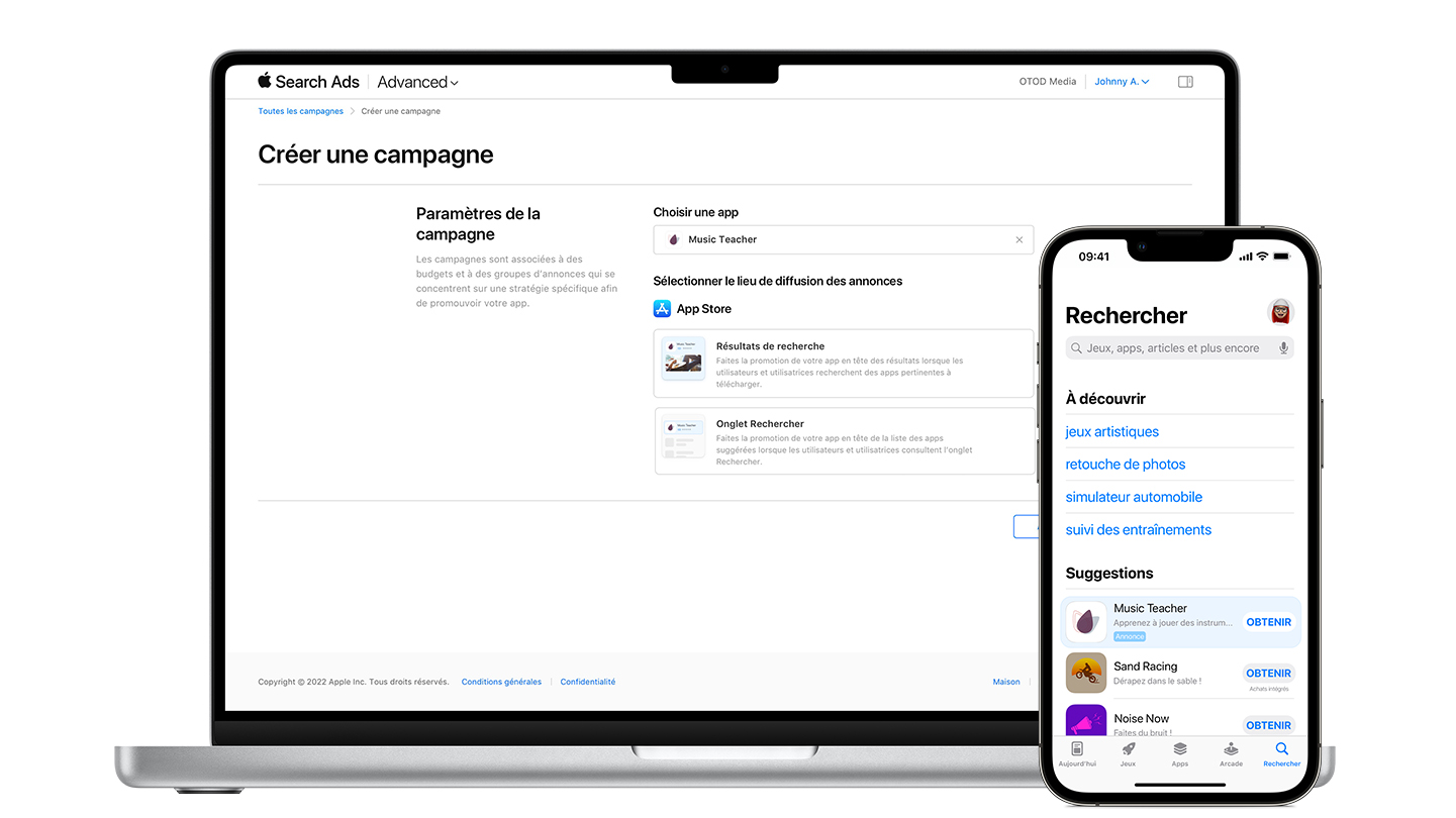 Exemple d’annonce dans l’onglet Rechercher de l’App Store à côté de la page de création de campagnes
