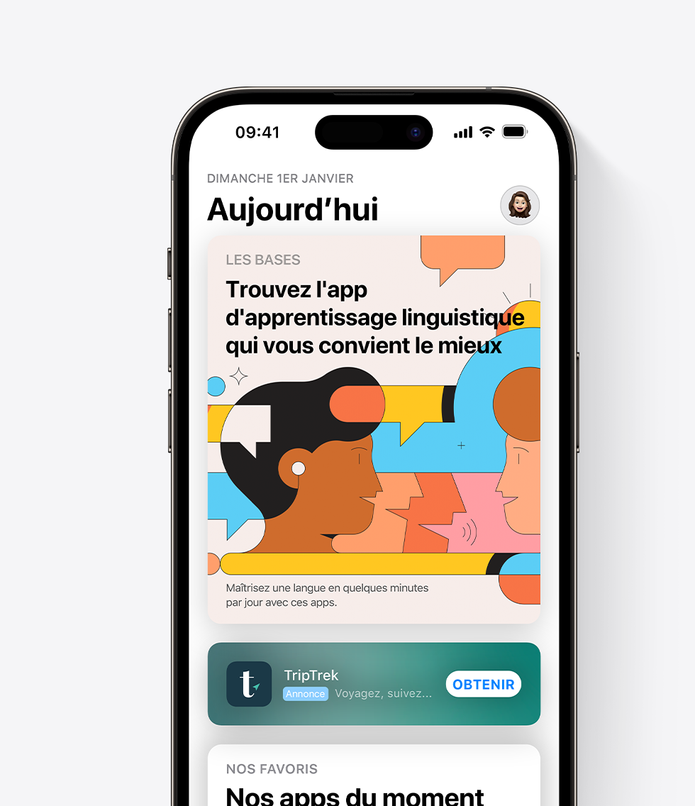 Un iPhone avec l’App Store ouvert et une annonce de l’app fictive TripTrek mise en avant dans l’onglet Aujourd’hui. L’annonce affiche l’icône de l’app, son nom et son sous-titre : « Voyagez, suivez et partagez ».