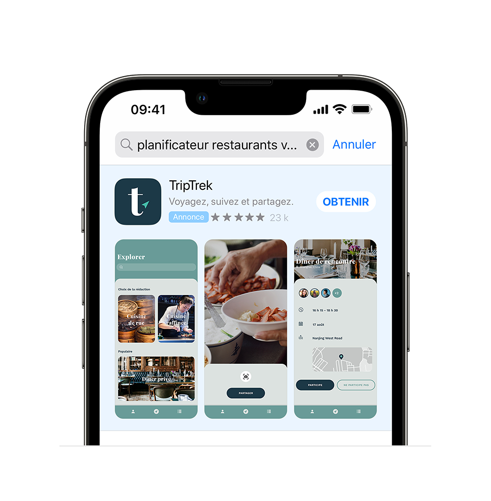 Une variation d’annonce pour une app fictive, TripTrek, contient trois images sur le thème de la restauration. Ces images issues de l’app sont agencées sur mesure, en réponse à la requête de recherche « travel dining planner » (planificateur restaurants voyage).