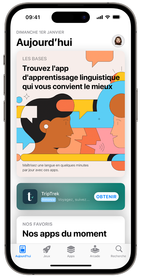 Onglet Aujourd’hui affichant une annonce pour l’app fictive TripTrek, placée de façon bien visible sur la page.