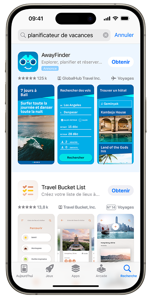 Les termes « planificateur de vacances » sont saisis dans le champ de recherche de l’App Store et une annonce de l’app fictive AwayFinder apparaît en haut des résultats de recherche.