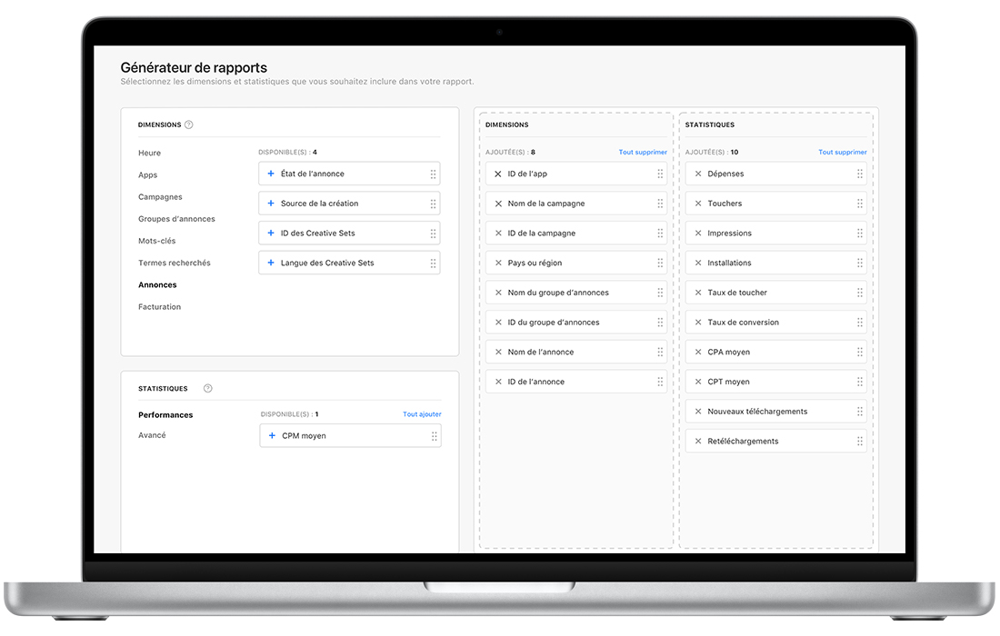 Page Générateur de rapports d’Apple Search Ads Advanced, avec les dimensions et les statistiques de rapport disponibles à gauche et les dimensions et statistiques choisies pour le rapport personnalisé à droite.