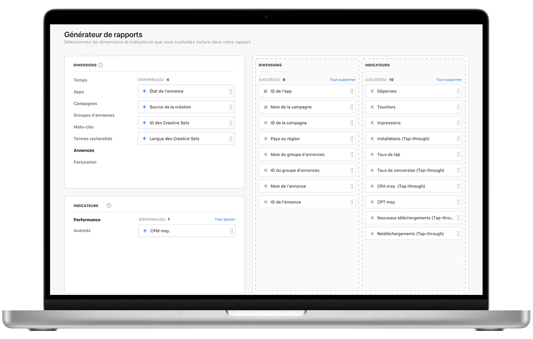 Page Générateur de rapports d’Apple Search Ads Advanced, avec les dimensions et les statistiques de rapport disponibles à gauche et les dimensions et statistiques choisies pour le rapport personnalisé à droite.