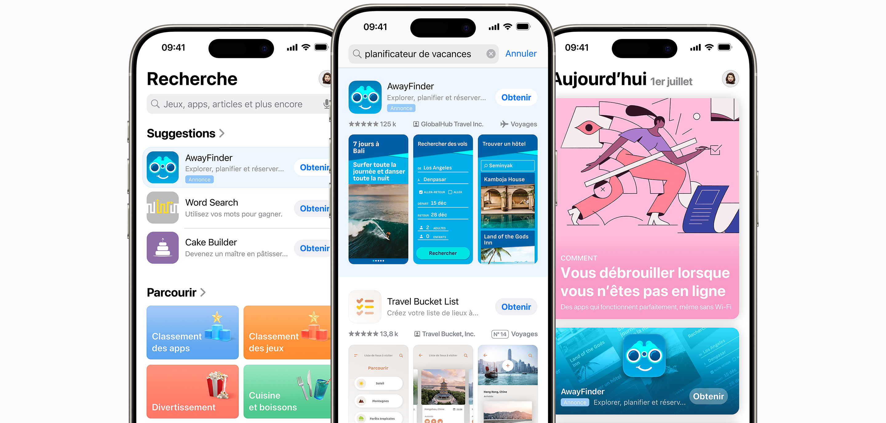 Trois iPhone affichant différents emplacements d’annonces sur l’App Store. Le premier affiche l’onglet Rechercher avec une annonce pour l’app fictive AwayFinder en haut de la liste des apps suggérées. Le deuxième affiche une annonce de l’app AwayFinder en haut des résultats de recherche pour les termes recherchés « planificateur de vacances ». Le troisième affiche l’onglet Aujourd’hui avec une annonce pour l’app AwayFinder placée bien en évidence sur la page.