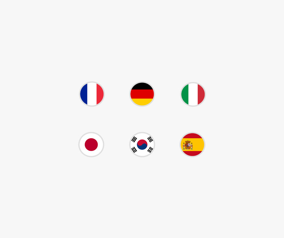 Les drapeaux de la France, de l’Allemagne, de l’Italie, du Japon, de la Corée du Sud et de l’Espagne.