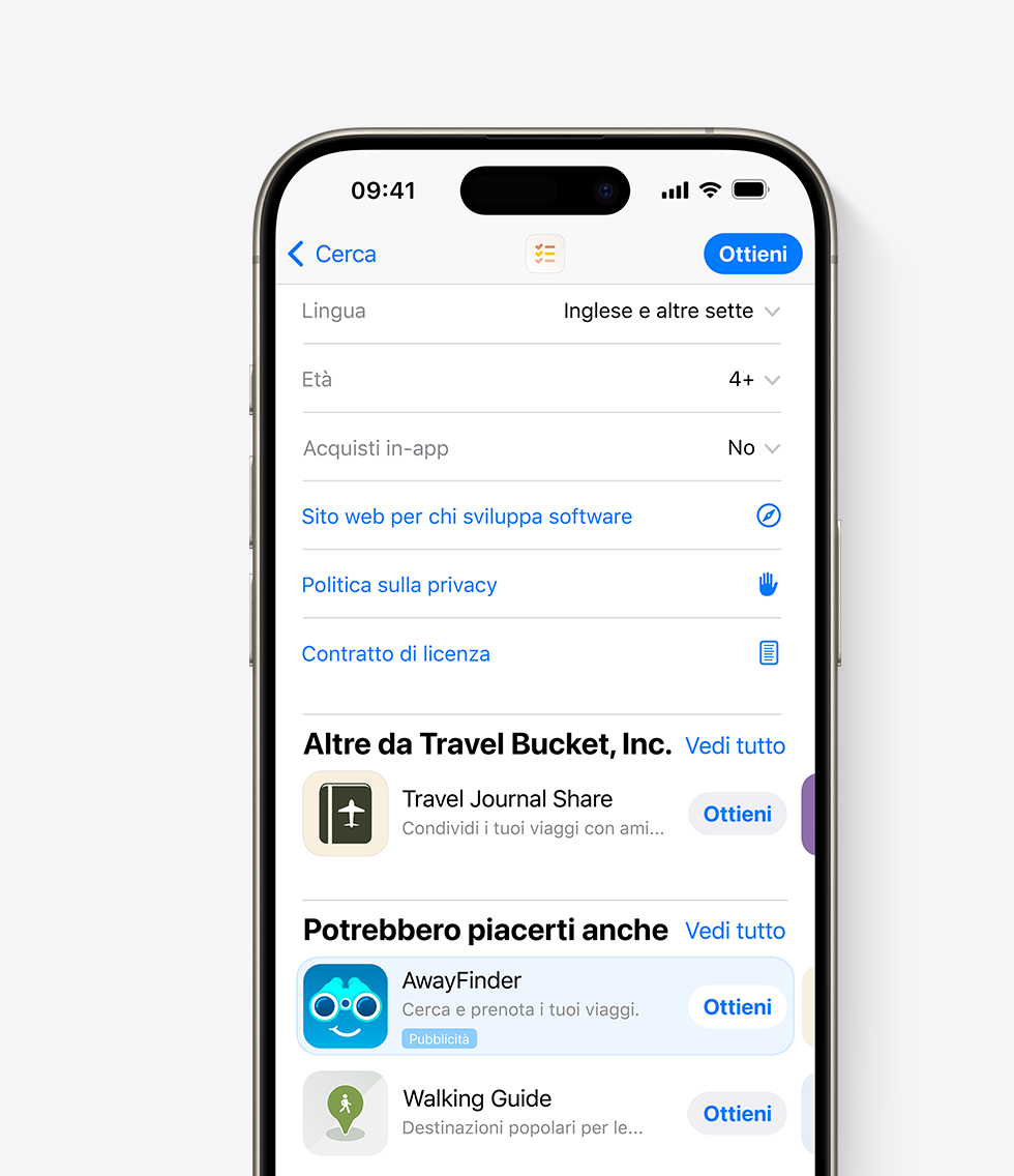 Un iPhone con l’App Store aperto. Un annuncio per l’app di esempio, AwayFinder, è visualizzato nella parte inferiore di una pagina prodotto sull’App Store, dove le persone potrebbero vederlo scorrendo verso il basso nella pagina.