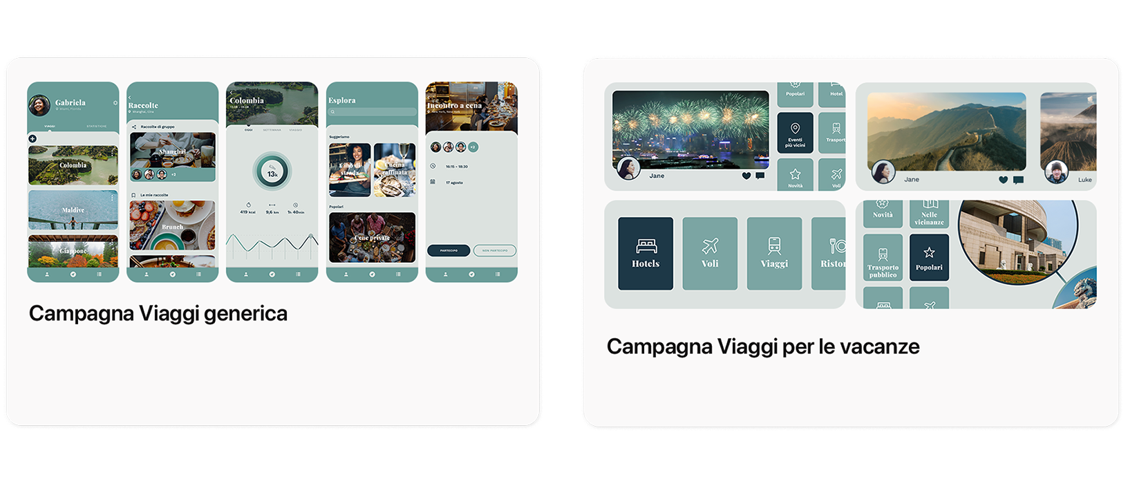 Due esempi di annunci per il pannello Oggi per un’app di esempio, TripTrek. A sinistra c’è una campagna Viaggi generica con immagini che offrono una panoramica dell’app. A destra c’è una campagna Viaggi per le vacanze che potrebbe essere pubblicata durante i periodi promozionali dell’anno.