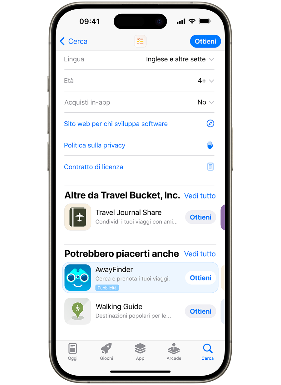 Un iPhone con l’App Store aperto. Un annuncio per l’app di esempio, AwayFinder, è visualizzato nella parte inferiore di una pagina prodotto sull’App Store, dove le persone potrebbero vederlo scorrendo verso il basso nella pagina.