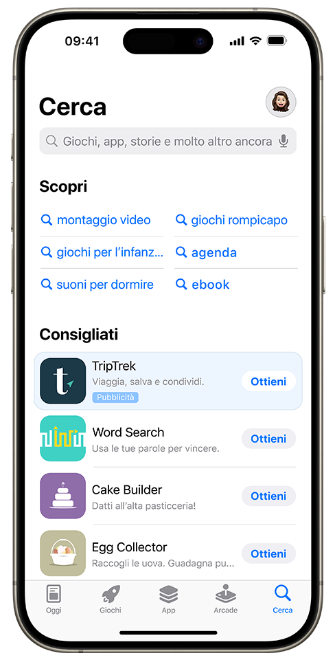 Annuncio per l’app di esempio, TripTrek, visualizzato nel pannello Cerca in cima all’elenco delle app consigliate.