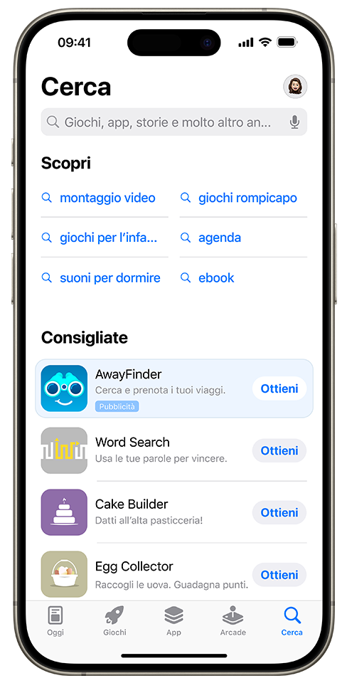 Un annuncio per l’app di esempio, AwayFinder, visualizzato nel pannello Cerca in cima all’elenco delle app consigliate.