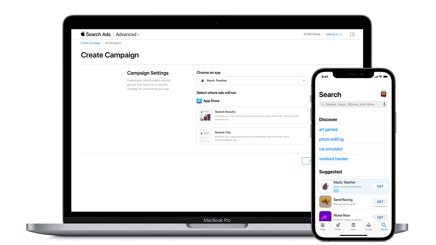 Example of a Search tab ad on the App Store next to the campaign creation page
