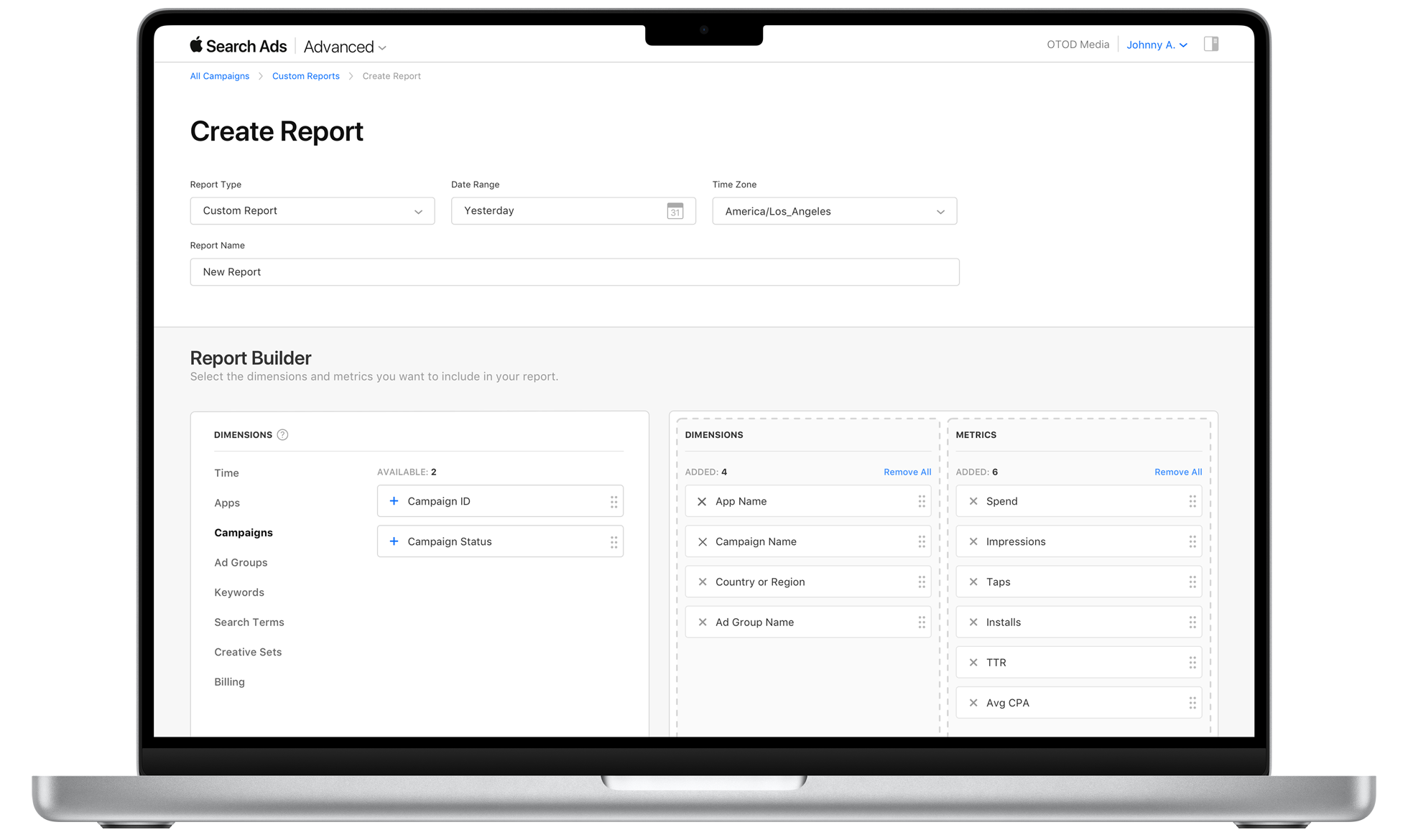 Create report page for custom reports