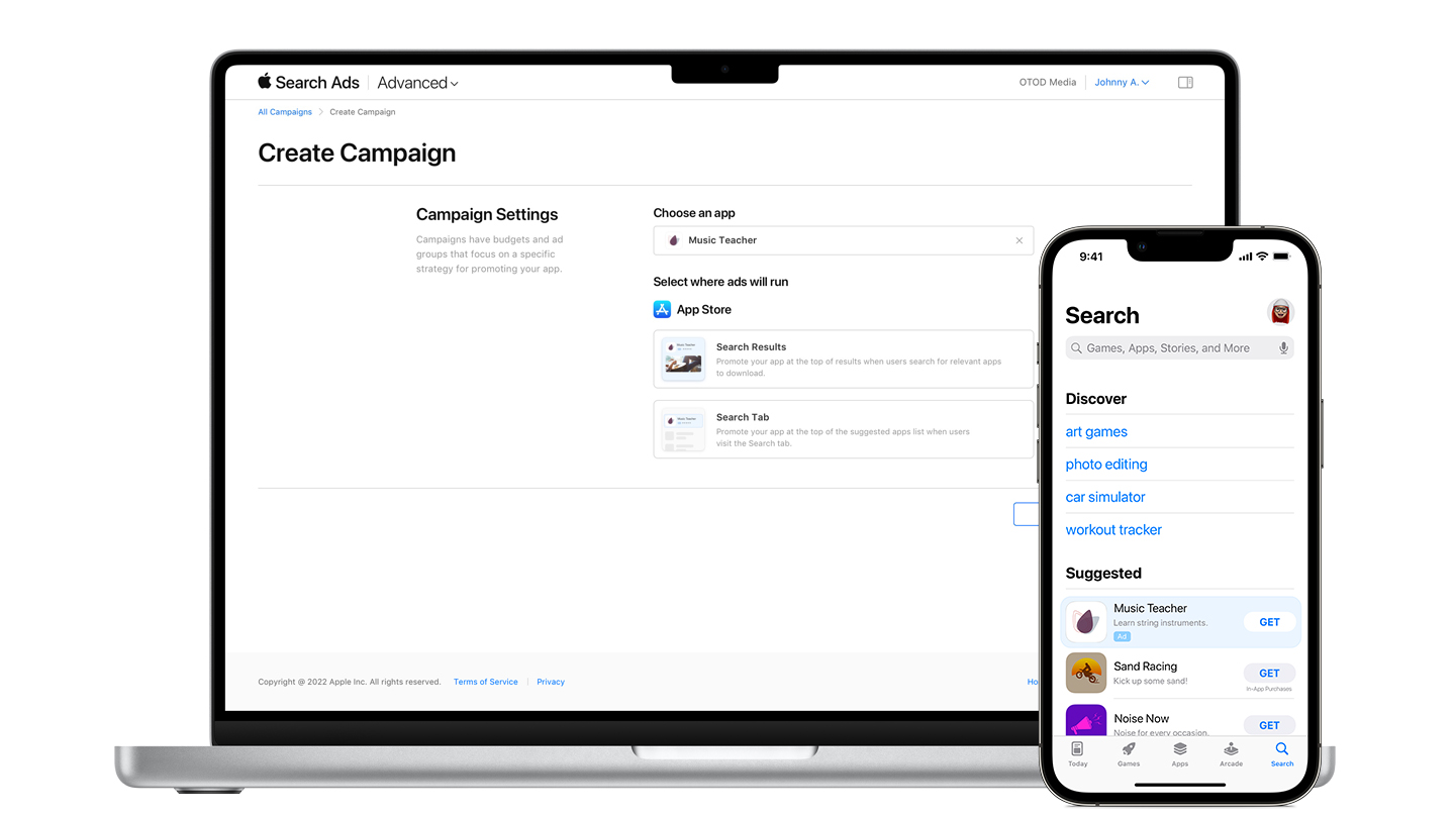 Example of a Search tab ad on the App Store next to the campaign creation page