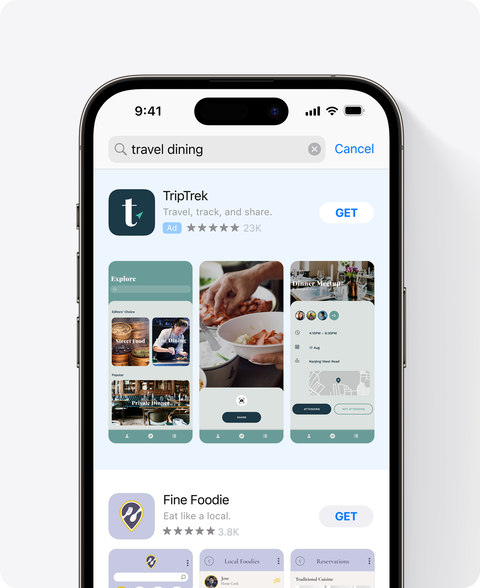 An iPhone shows an ad for the example app, TripTrek, at the top of App Store search results. The ad includes three dining-related screenshots and the query entered in the search box is "travel dining."