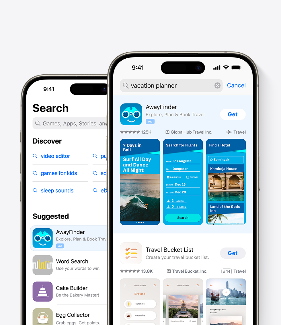 Two iPhones with the App Store open. One iPhone shows an ad for the example app, AwayFinder, on the Search tab. The other shows an ad for AwayFinder at the top of search results, with the term “vacation planner" entered in the search box.