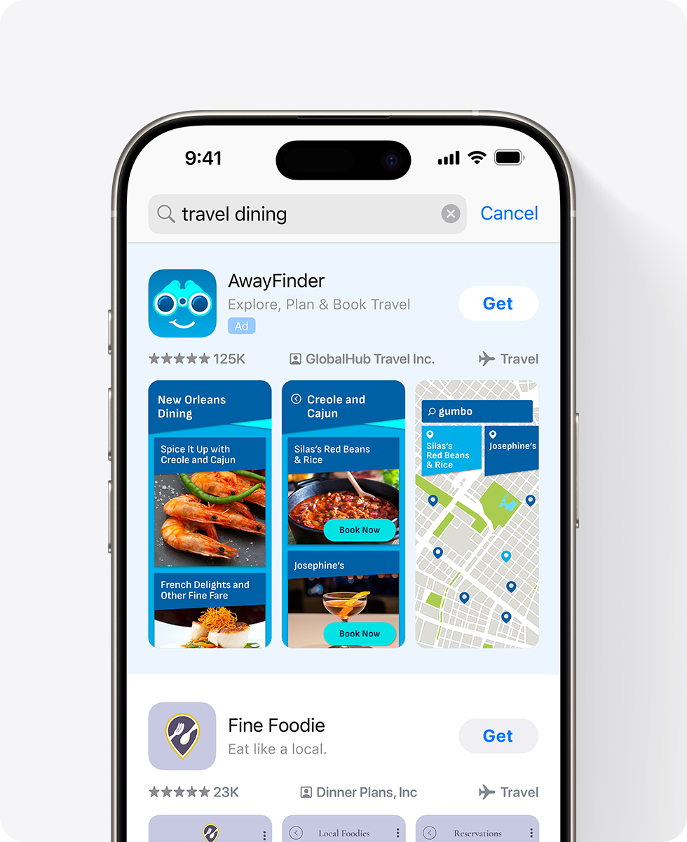 An iPhone shows an ad for the example app, AwayFinder, at the top of App Store search results. The ad includes three dining-related screenshots and the query entered in the search box is "travel dining."