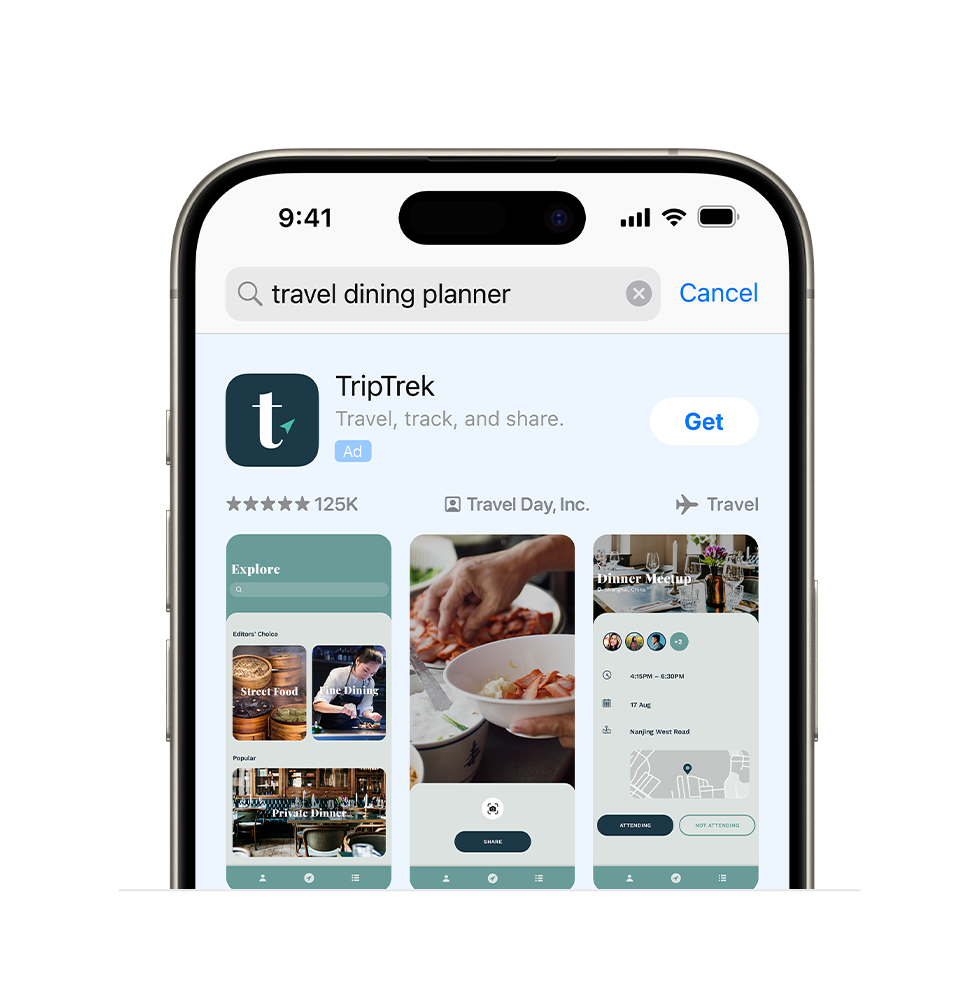 An ad variation for an example app, TripTrek, showing that three dining-related images from the app are tailored to appear for the search query "travel dining planner.