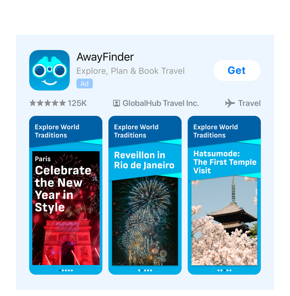 An ad variation for an example app, AwayFinder, showing festive New Year's imagery. 