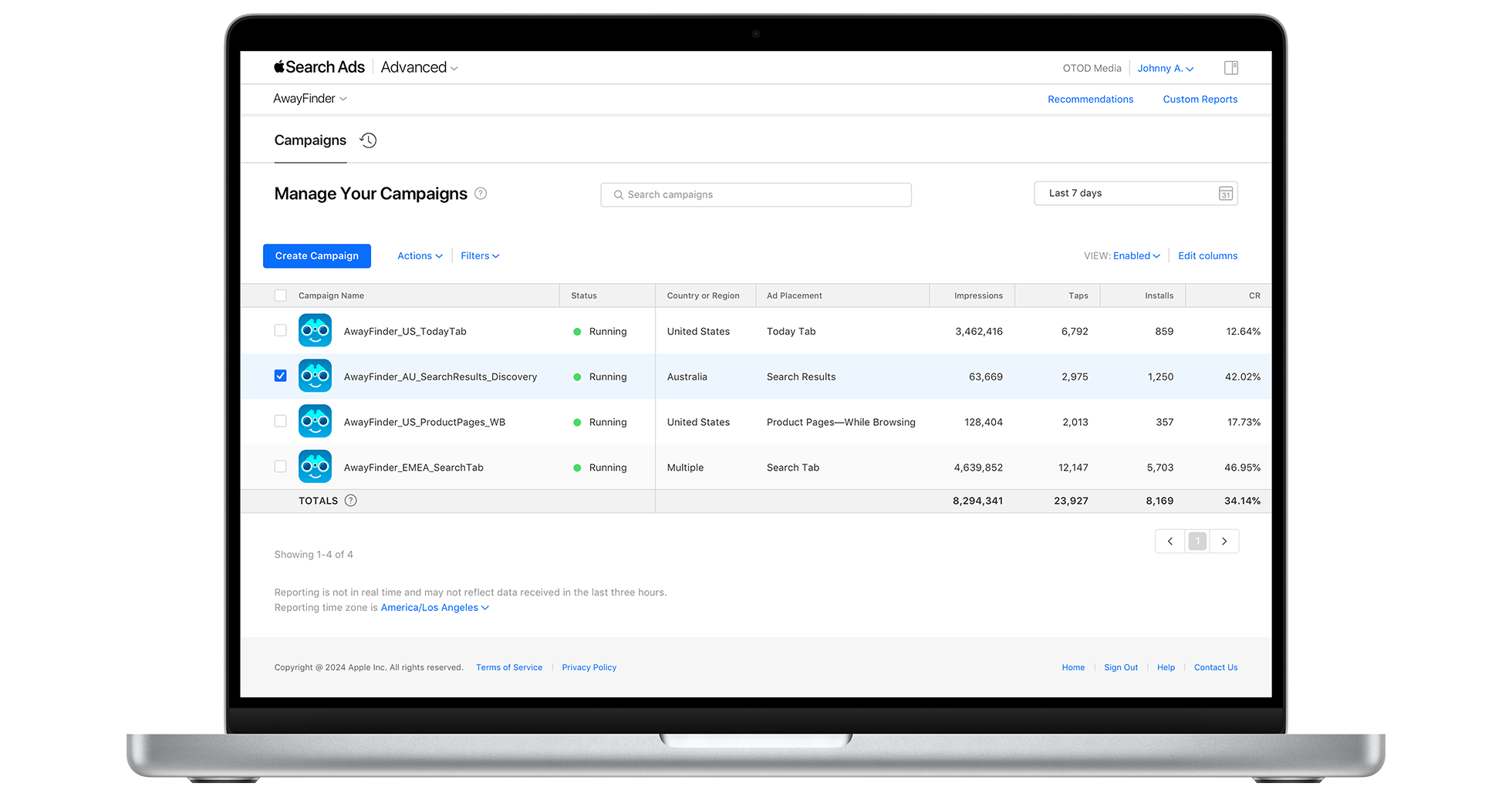 The Campaigns dashboard in Apple Search Ads, showing performance metrics for a Today tab campaign, a search results campaign, a product page campaign, and a Search tab campaign.