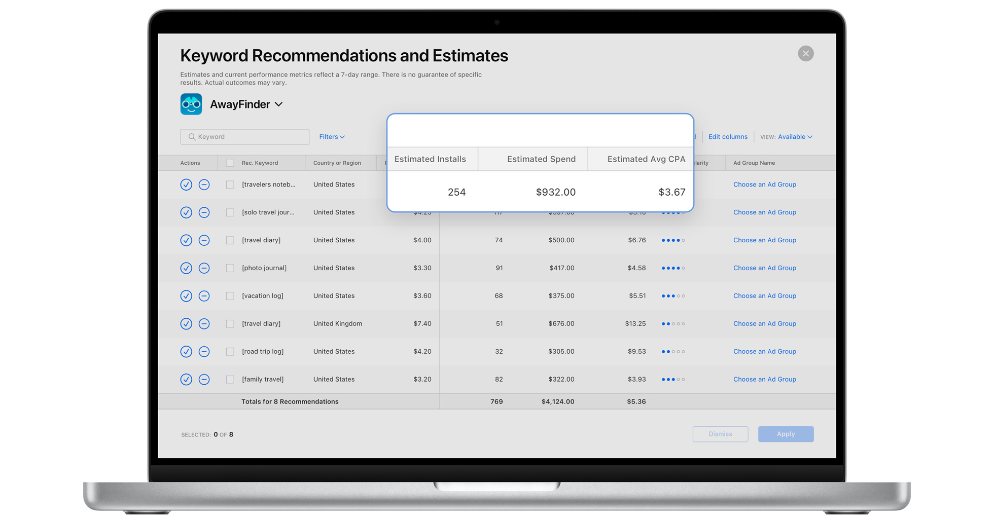 The Keyword Recommendations page in Apple Search Ads Advanced shows the recommendations table organized by keyword, recommended max CPT bid, estimated installs, estimated spend, estimated average CPA, and more.