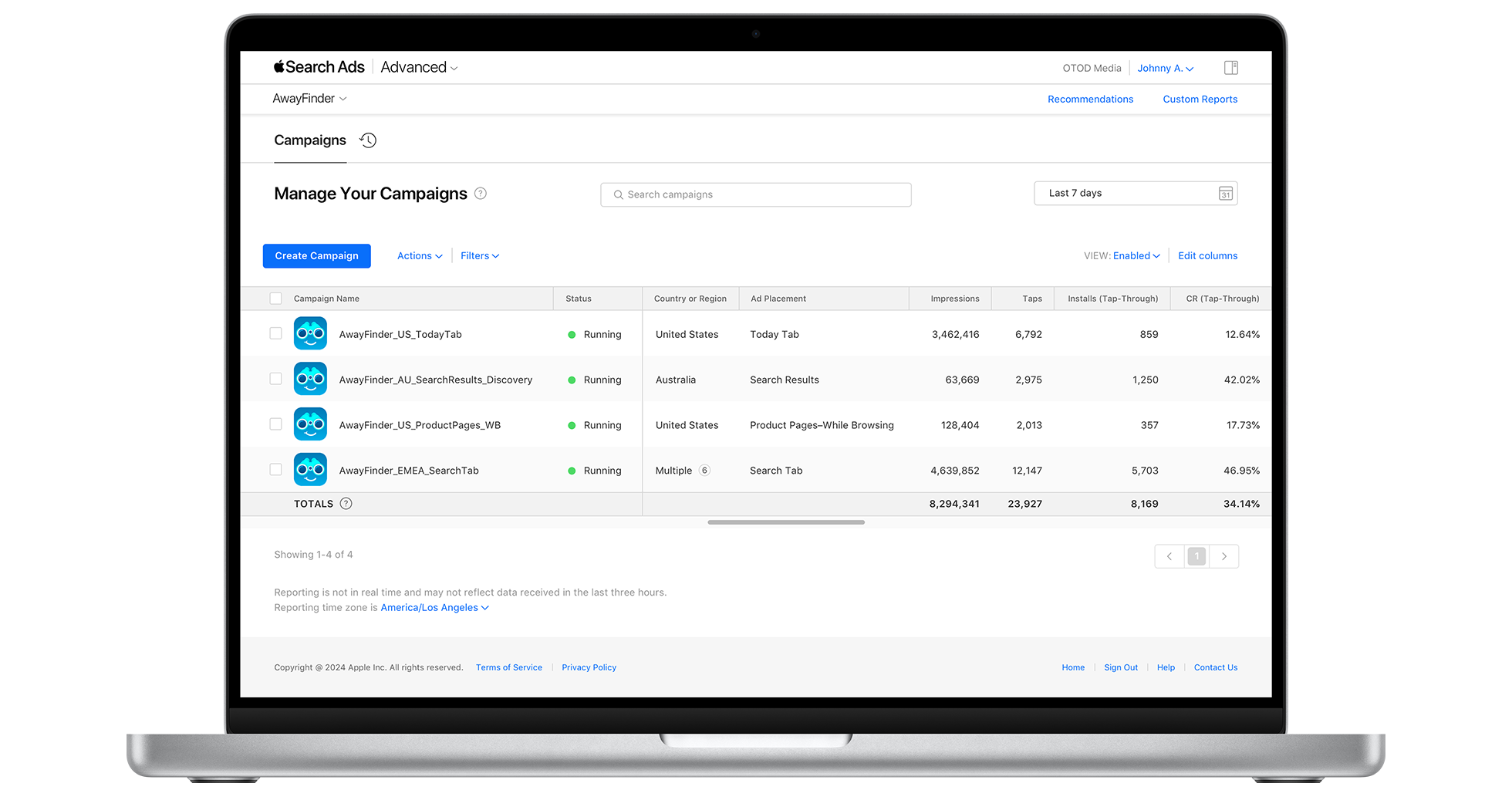 The Campaigns dashboard in Apple Search Ads, showing performance metrics for a Today tab campaign, a search results campaign, a product page campaign, and a Search tab campaign.