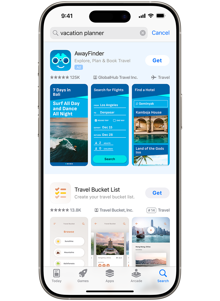 An iPhone with the App Store open. The search term “vacation planner” is entered in the search box and an ad for the example app, AwayFinder, appears at the top of search results.