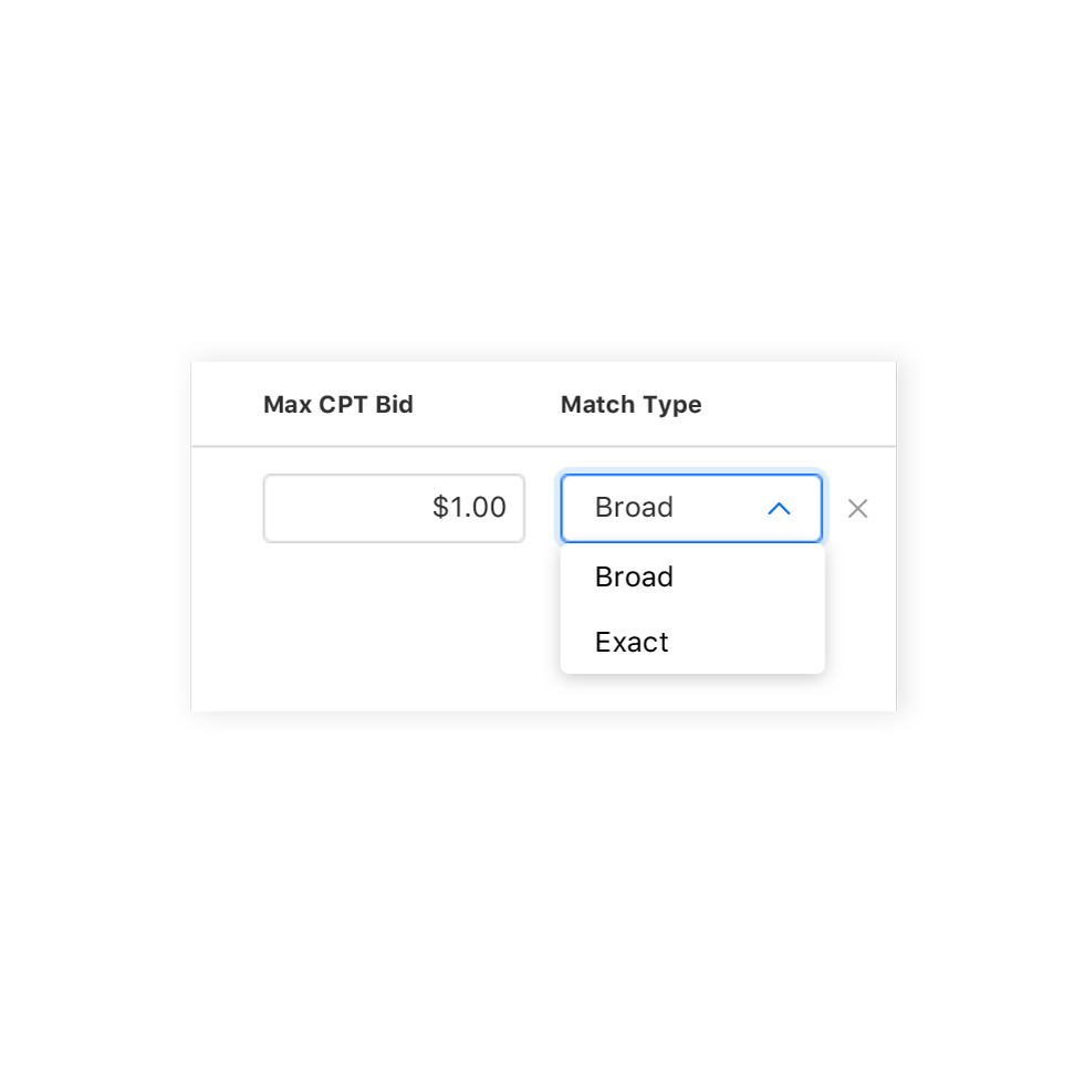 Setting a max CPT bid of $1.00 for the broad keyword match type.