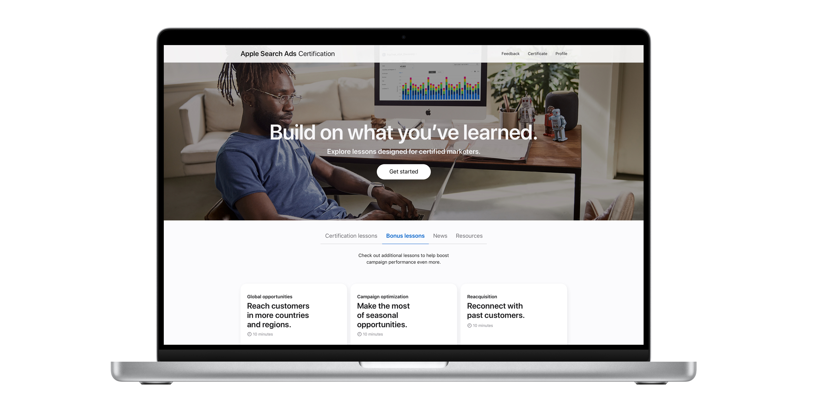 The Apple Search Ads Certification page showing the bonus lessons tab. It shows three lessons to help boost campaign performance.