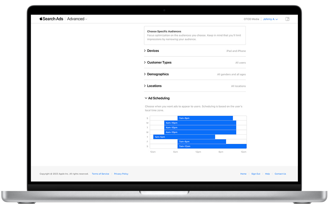 The Ad Scheduling section of the Create Campaign page in Apple Search Ads Advanced shows a completed schedule. The days of the week appear on the Y axis and times of the day on the X axis. The ad schedule is indicated by solid blue rows with the time ranges written across them.