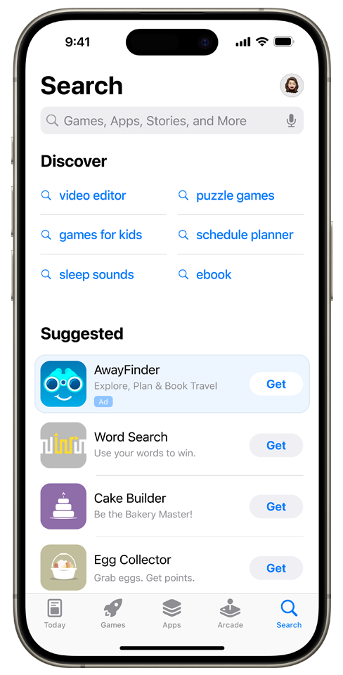 An ad for the example app, AwayFinder, appearing on the Search tab at the top of the Suggested apps list.