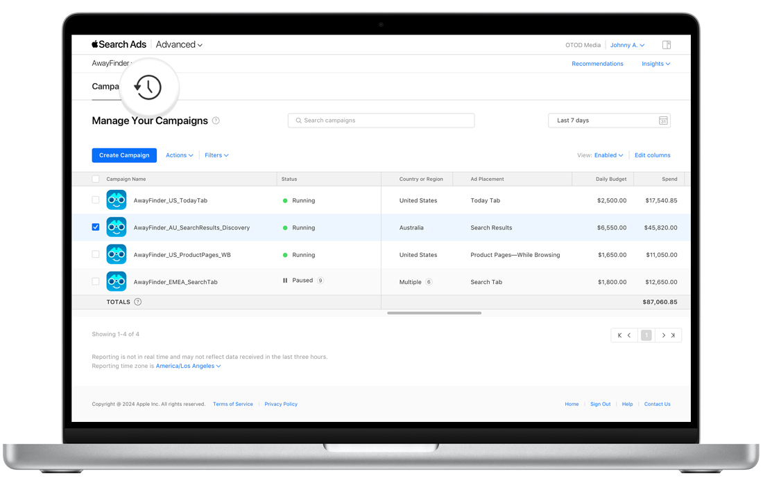 The Campaigns dashboard in Apple Search Ads Advanced showing a list of four campaigns for example app, AwayFinder. The checkbox next to one campaign is selected. The Change History icon, which looks like a clock with a counterclockwise arrow around it, is magnified and located next to the phrase Manage your Campaigns.