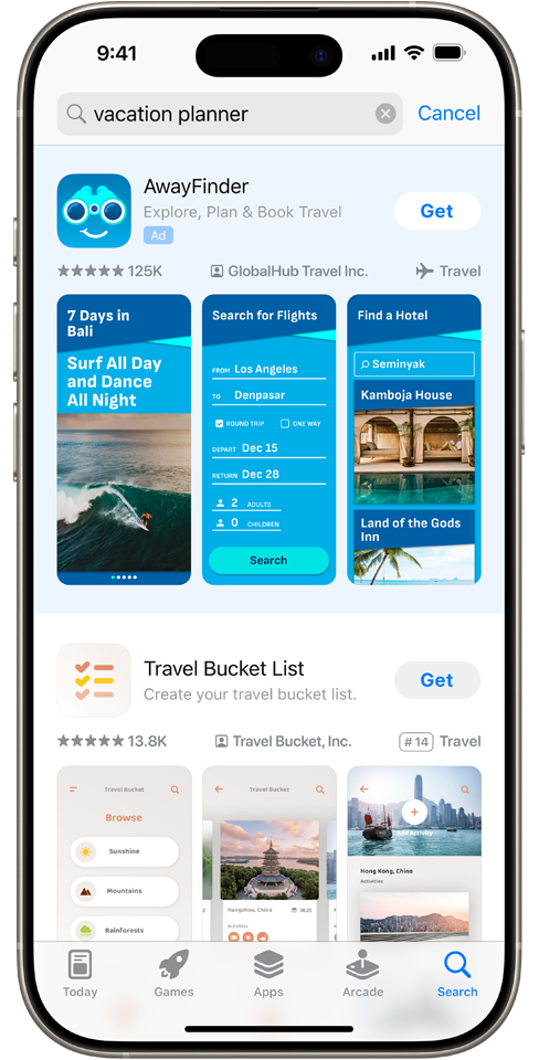 The term “vacation planner” is entered in the App Store search box, and an ad for the example app, AwayFinder, appears at the top of search results.