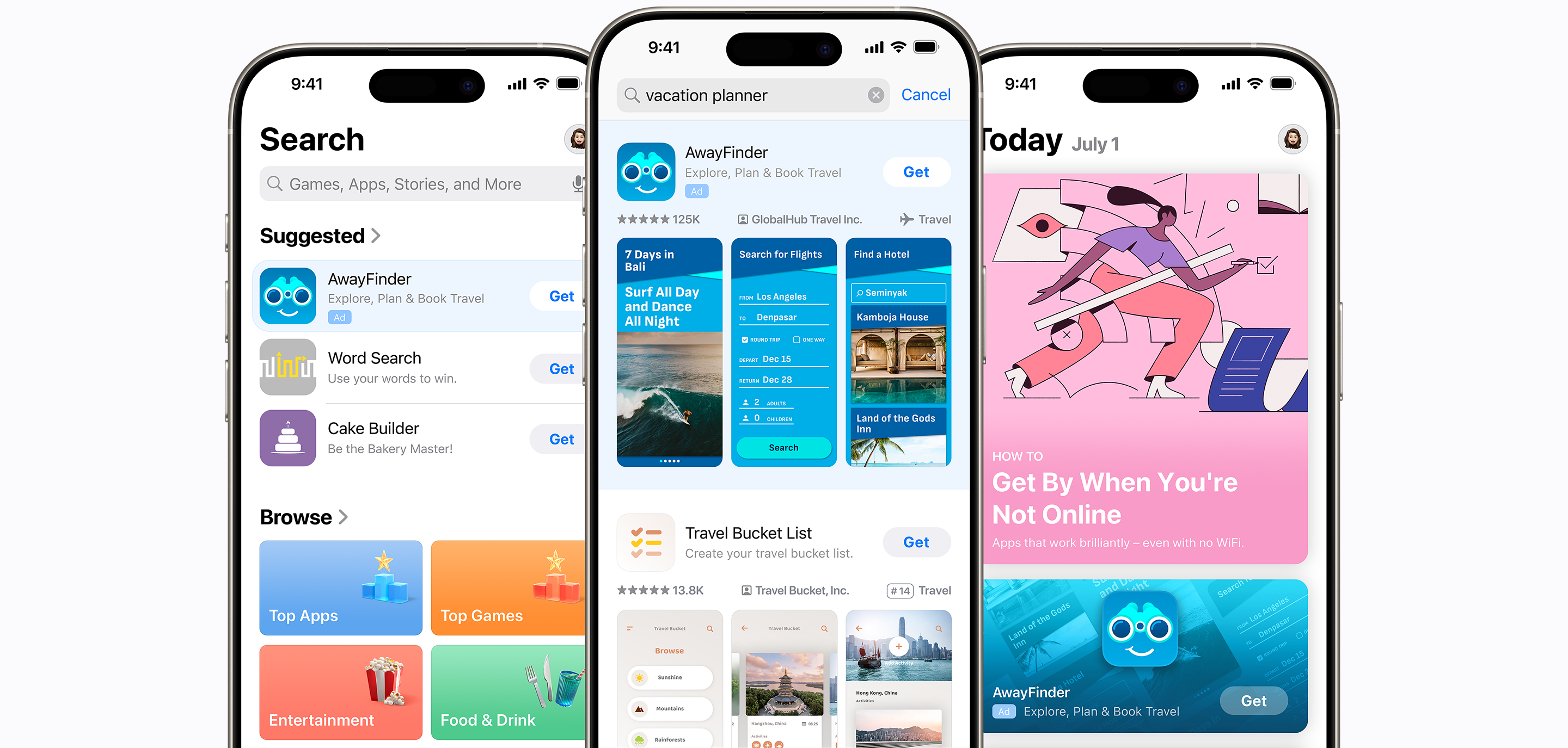 Three iPhones showing different ad placements on the App Store. The first shows the Search tab with an ad for the example app AwayFinder at the top of the Suggested apps list. The second shows a search results ad for AwayFinder appearing at the top of search results for the search term “vacation planner.”. The third shows the Today tab with an ad for AwayFinder prominently placed on the page.