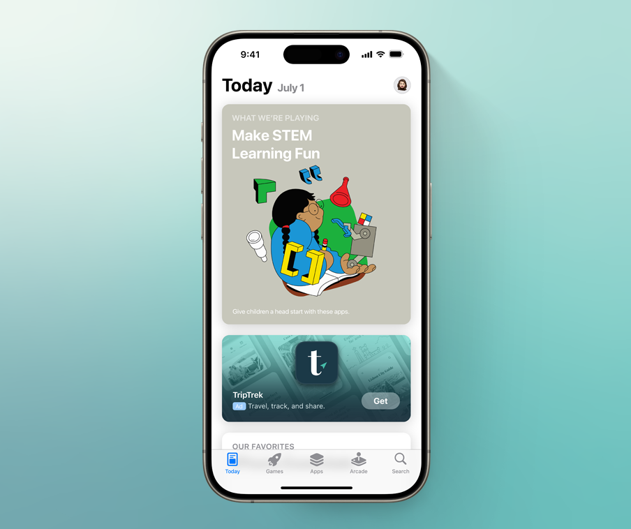Aba Hoje com um anúncio do app de exemplo, TripTrek, em destaque na página.