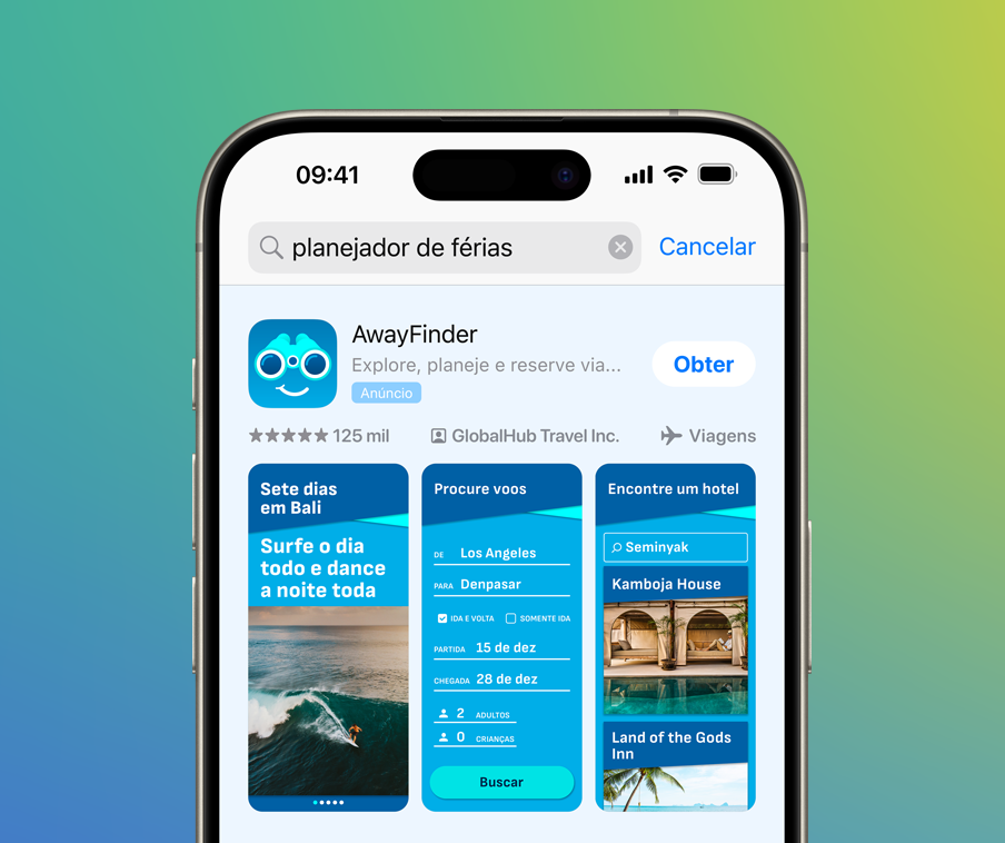 iPhone présentant une annonce dans les résultats de recherche de l’App Store pour l’app fictive AwayFinder. L’annonce s’affiche en portugais et le terme recherché « planificateur de vacances » est saisi en portugais dans le champ de recherche.