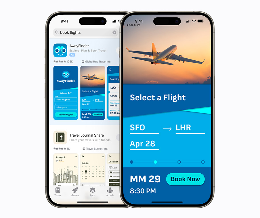 Two iPhones side-by-side. One shows a search results ad for the example app, Away Finder, with the term “book flights” entered in the search box. The other shows a screen in the Away Finder app with the option to "select a flight" and "book now."