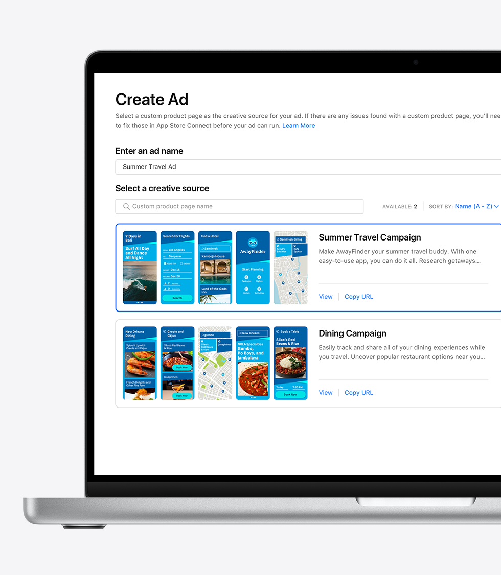  The Create Ad page for a search results ad variation is open, and a holiday celebration-focused custom product page is selected to use for the ad creative.