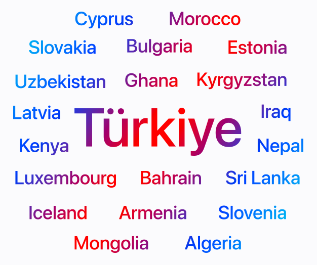 A list of countries and regions where Apple Search Ads is now available. This includes: Türkiye, Armenia, Algeria, Bahrain, Bulgaria, Cyprus, Estonia, Ghana, Iceland, Iraq, Kenya, Kyrgyzstan, Latvia, Luxembourg, Mongolia, Morocco, Nepal, Slovakia, Slovenia, Sri Lanka, Uzbekistan.