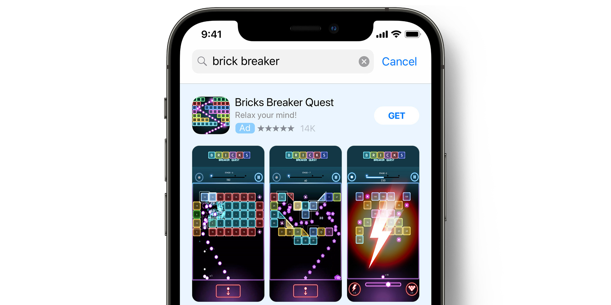 Bricks Breaker Quest ad on the App Store 