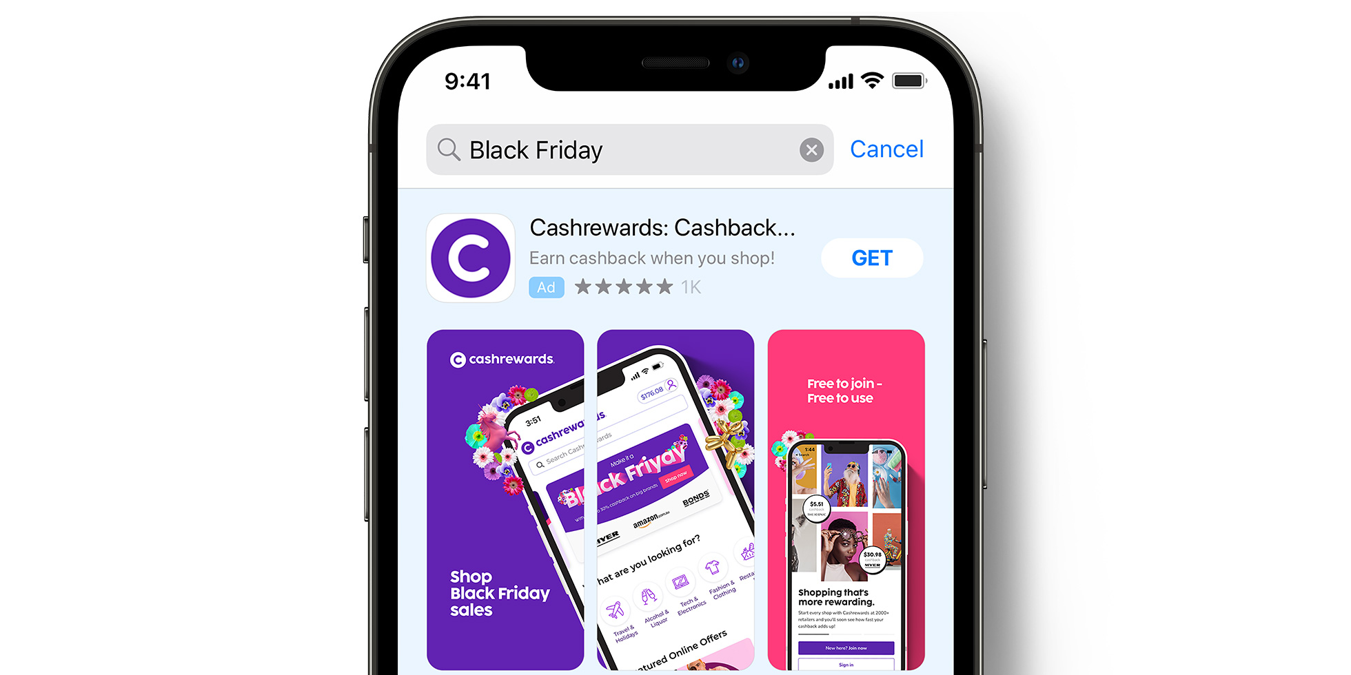 Annuncio pubblicitario di Cashrewards sull’App Store