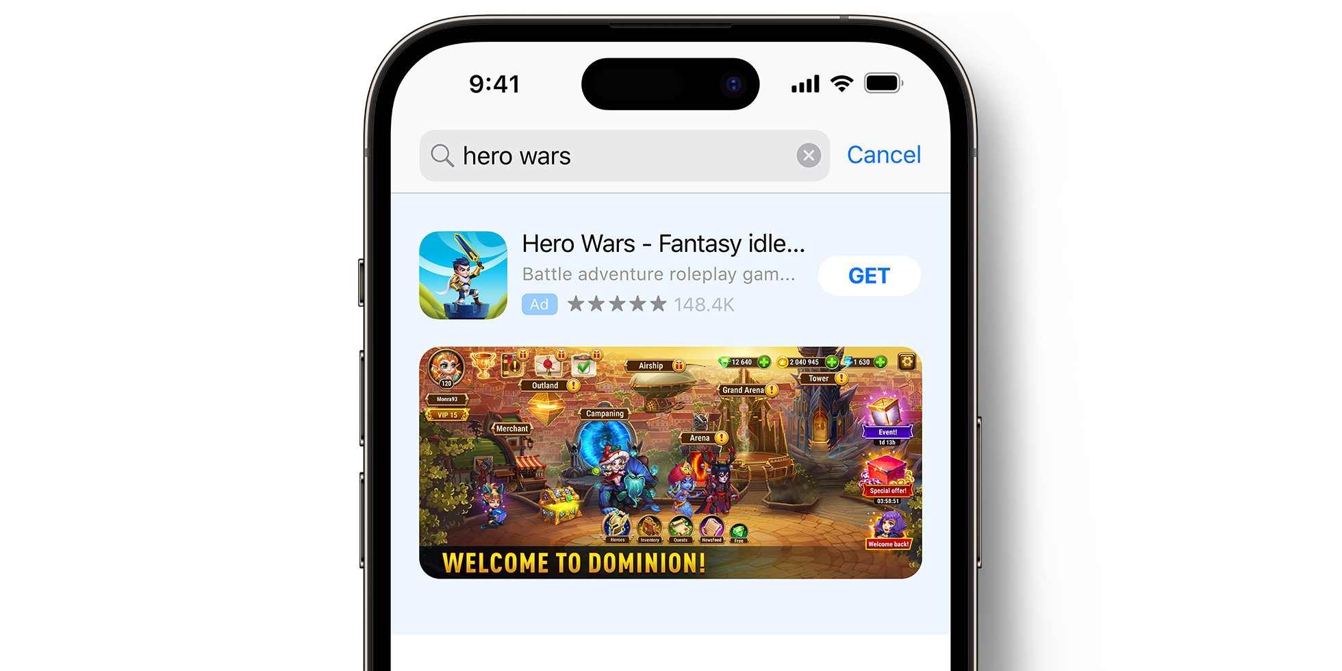 반으로 잘린 Hero Wars App Store 광고 화면이 보이는 iPhone 배경