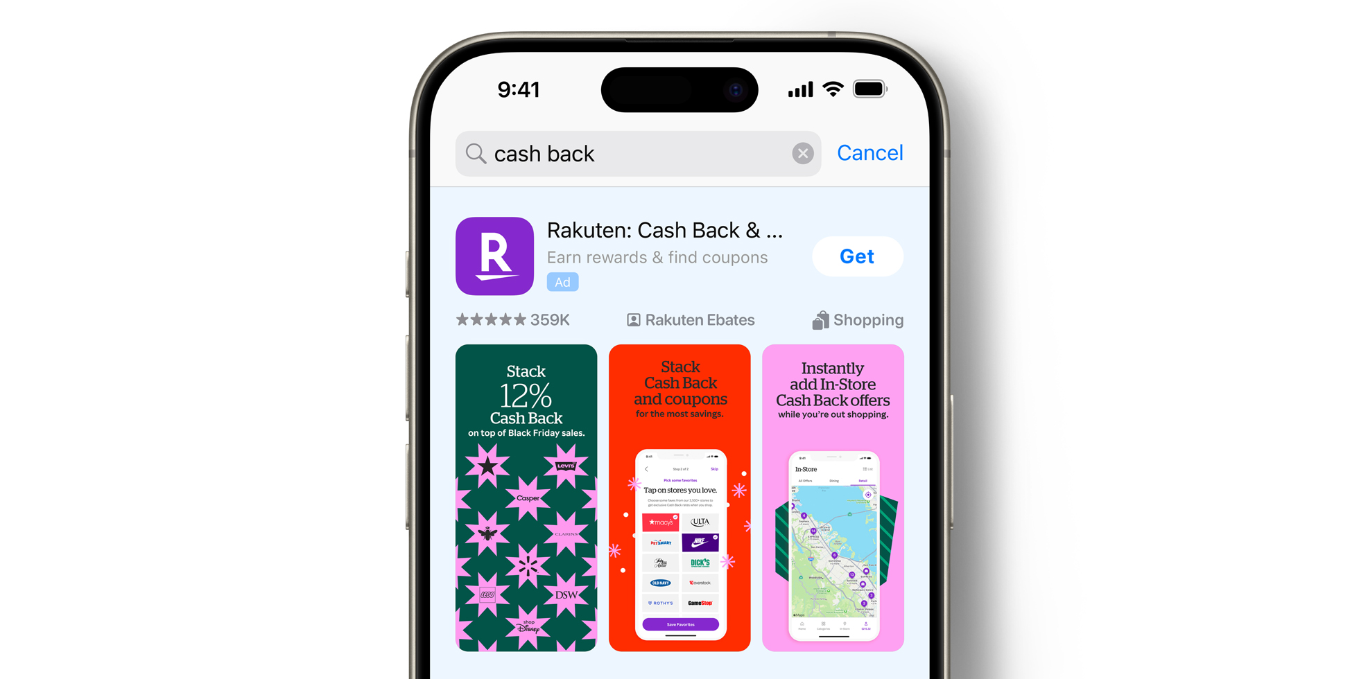 Anzeige für „Rakuten: Cashback & Angebote“ im App Store 