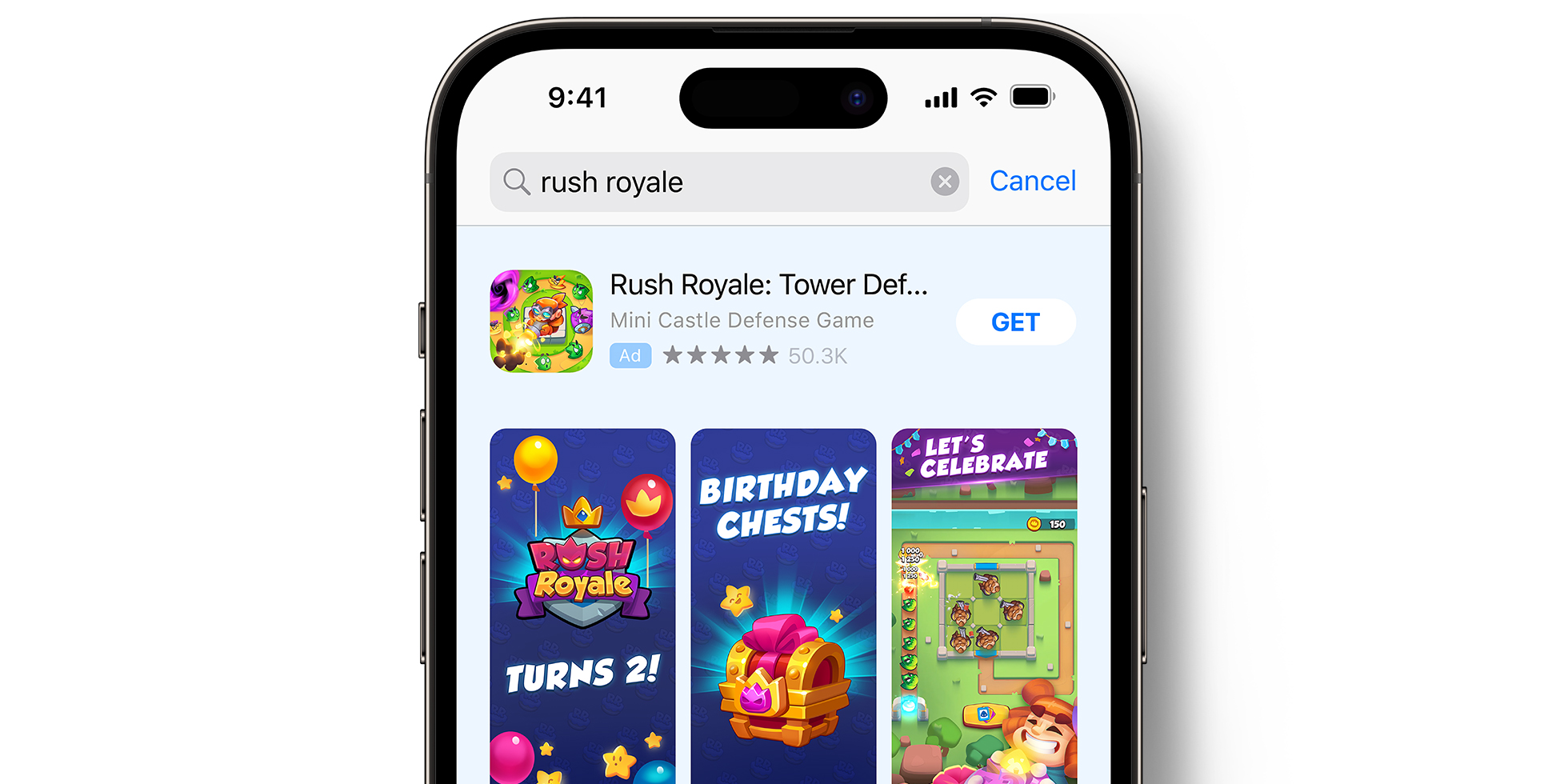 Rush Royale: Tower Defense TD에 대한 App Store 광고 화면이 표시된 반으로 잘라낸 iPhone 배경